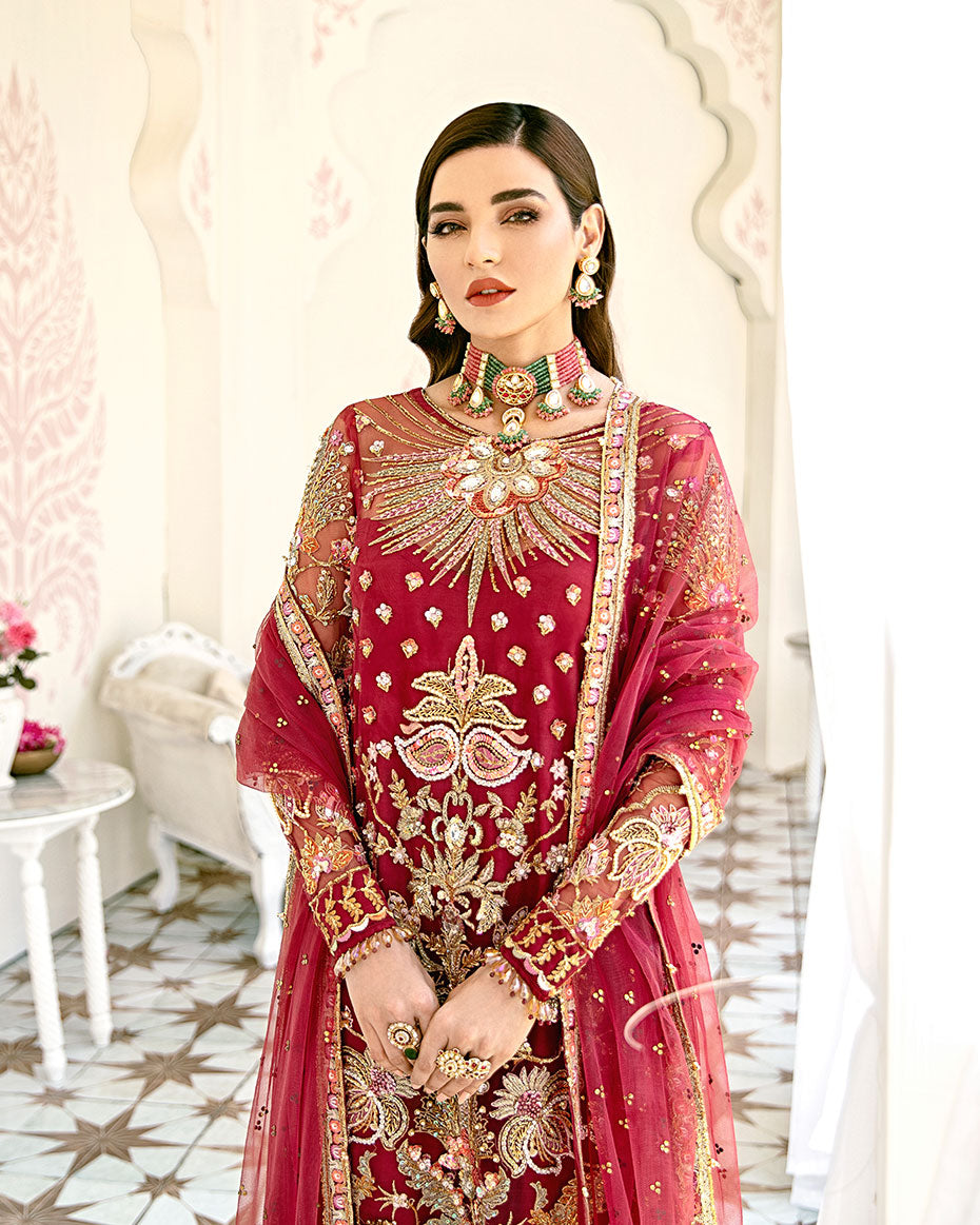 Gulaal | Wedding Formals | Rouge Embroidered Net 3-Piece Suit WS-06 - Official Gulaal stockist in UK - Sakeena London