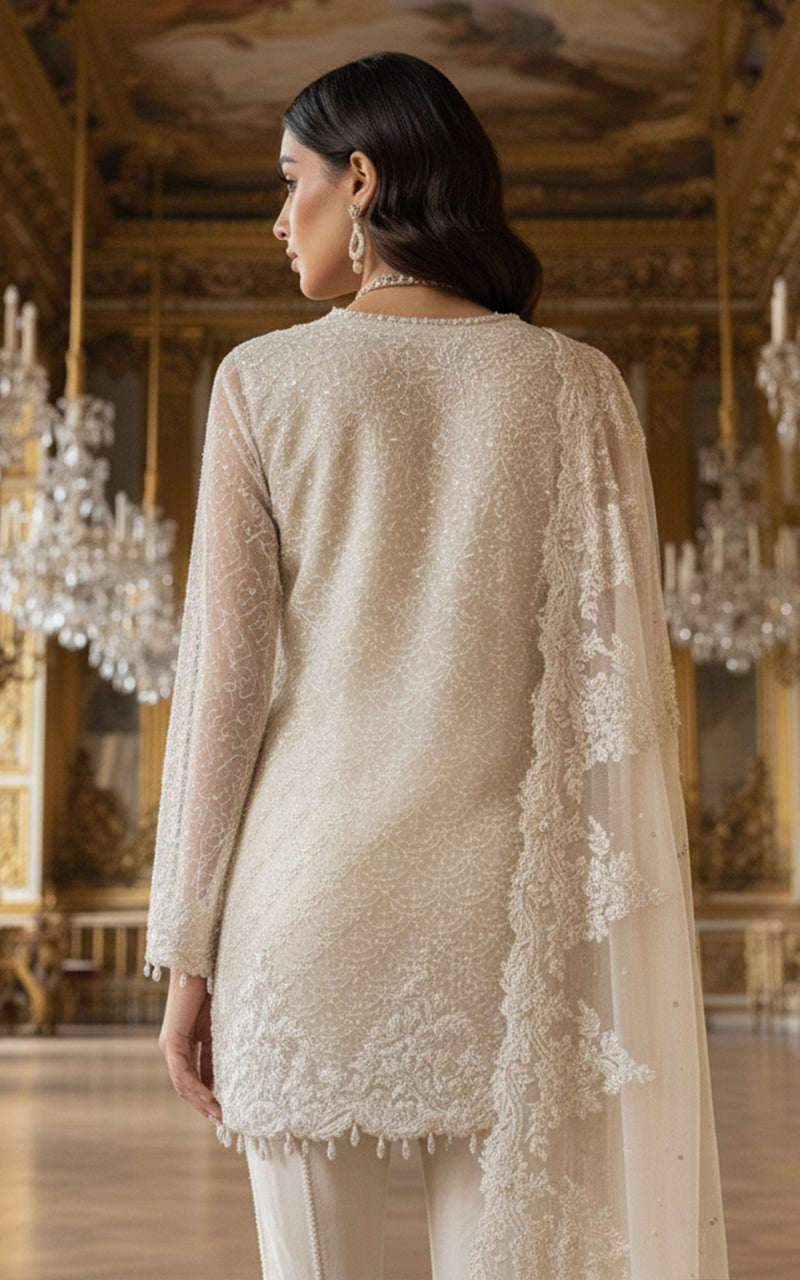 Threads and Motifs | Formal Dresses 25 | Net Embroidered Shirt With Gharara And Dupatta - Official Threads and Motifs stockist in UK - Sakeena London