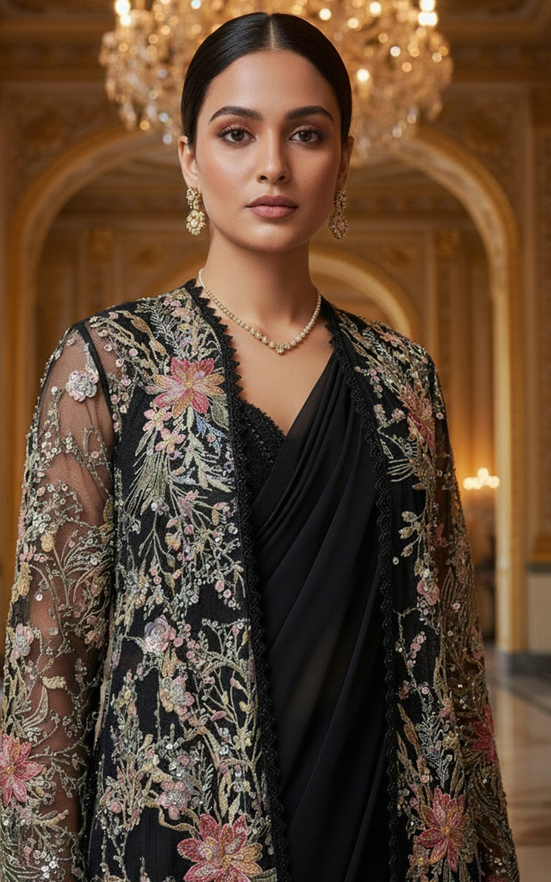 Threads and Motifs | Formal Dresses 25 | Net Embroidered Jacket With Chiffon Saree - Official Threads and Motifs stockist in UK - Sakeena London