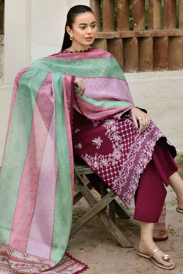 Farasha | Summer Weaves Embroidered Lawn | Satin Ruby - Official Farasha stockist in UK - Sakeena London