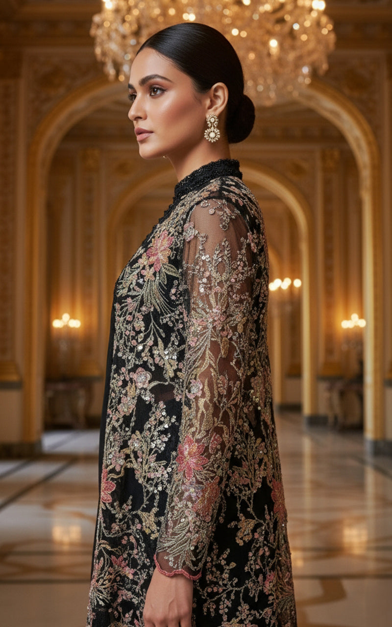 Threads and Motifs | Formal Dresses 25 | Net Embroidered Jacket With Chiffon Saree - Official Threads and Motifs stockist in UK - Sakeena London