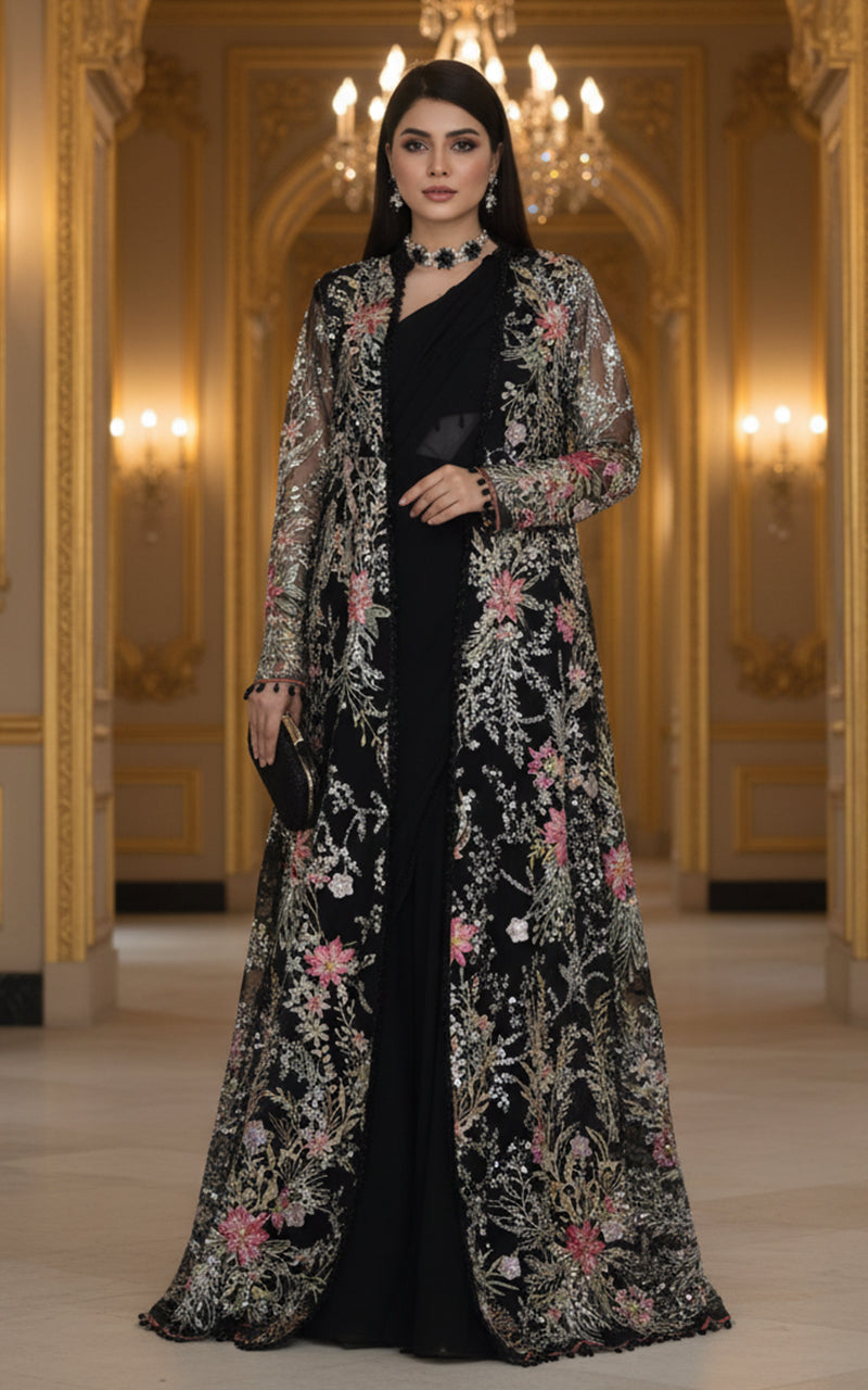 Threads and Motifs | Formal Dresses 25 | Net Embroidered Jacket With Chiffon Saree - Official Threads and Motifs stockist in UK - Sakeena London