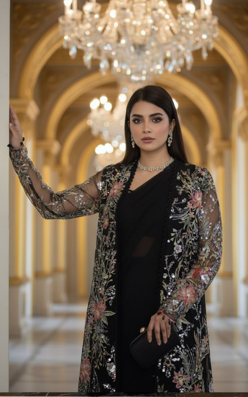 Threads and Motifs | Formal Dresses 25 | Net Embroidered Jacket With Chiffon Saree - Official Threads and Motifs stockist in UK - Sakeena London