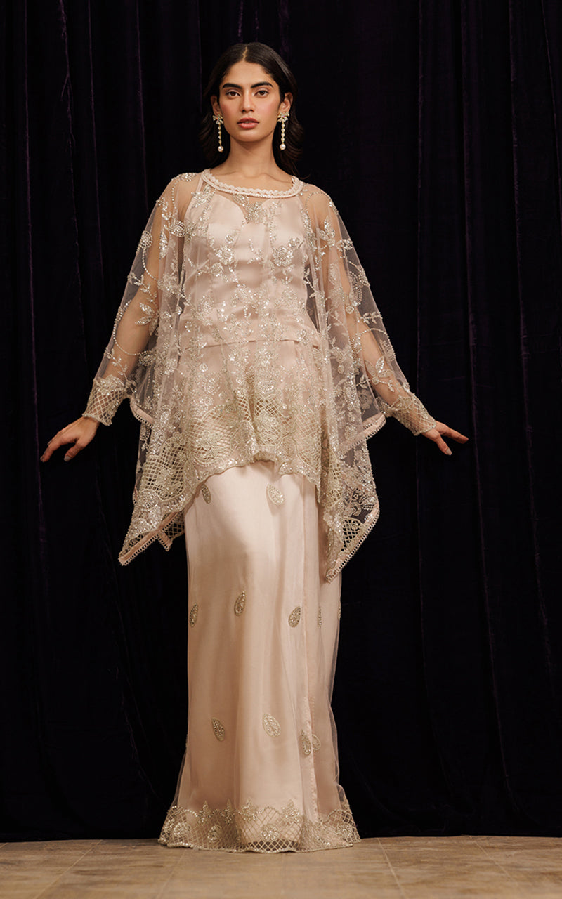Threads and Motifs | Formal Dresses 25 | Net Embroidered Cape With Tube And Skirt - Official Threads and Motifs stockist in UK - Sakeena London