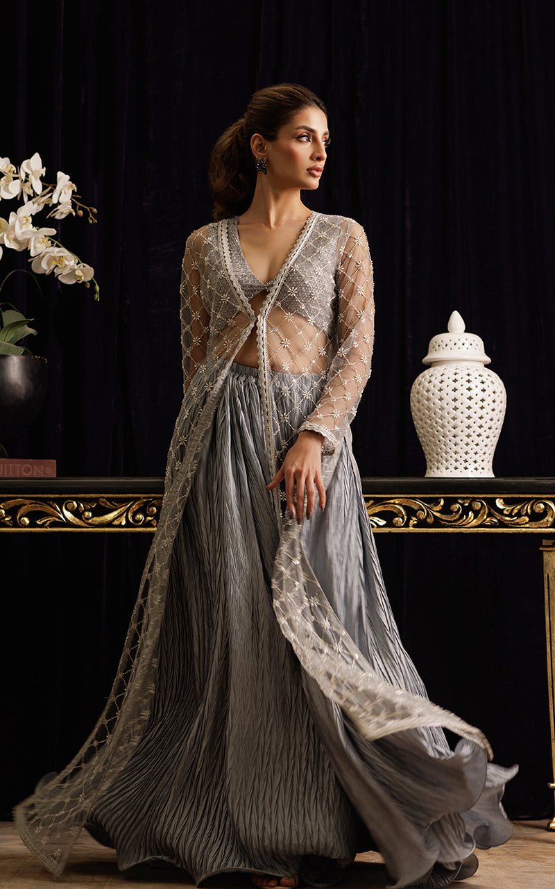 Threads and Motifs | Formal Dresses 25 | Net Embroidered Jacket with Tube and Skirt - Official Threads and Motifs stockist in UK - Sakeena London