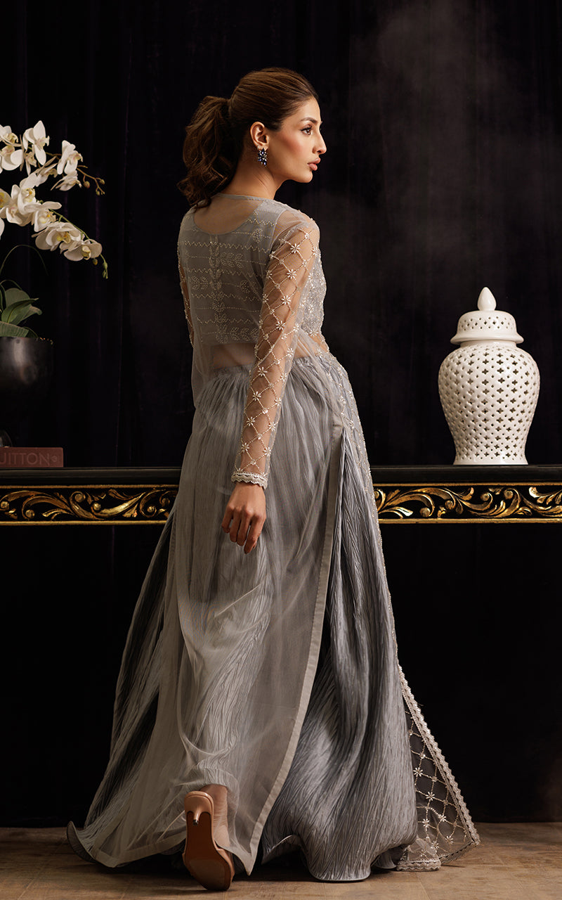 Threads and Motifs | Formal Dresses 25 | Net Embroidered Jacket with Tube and Skirt - Official Threads and Motifs stockist in UK - Sakeena London