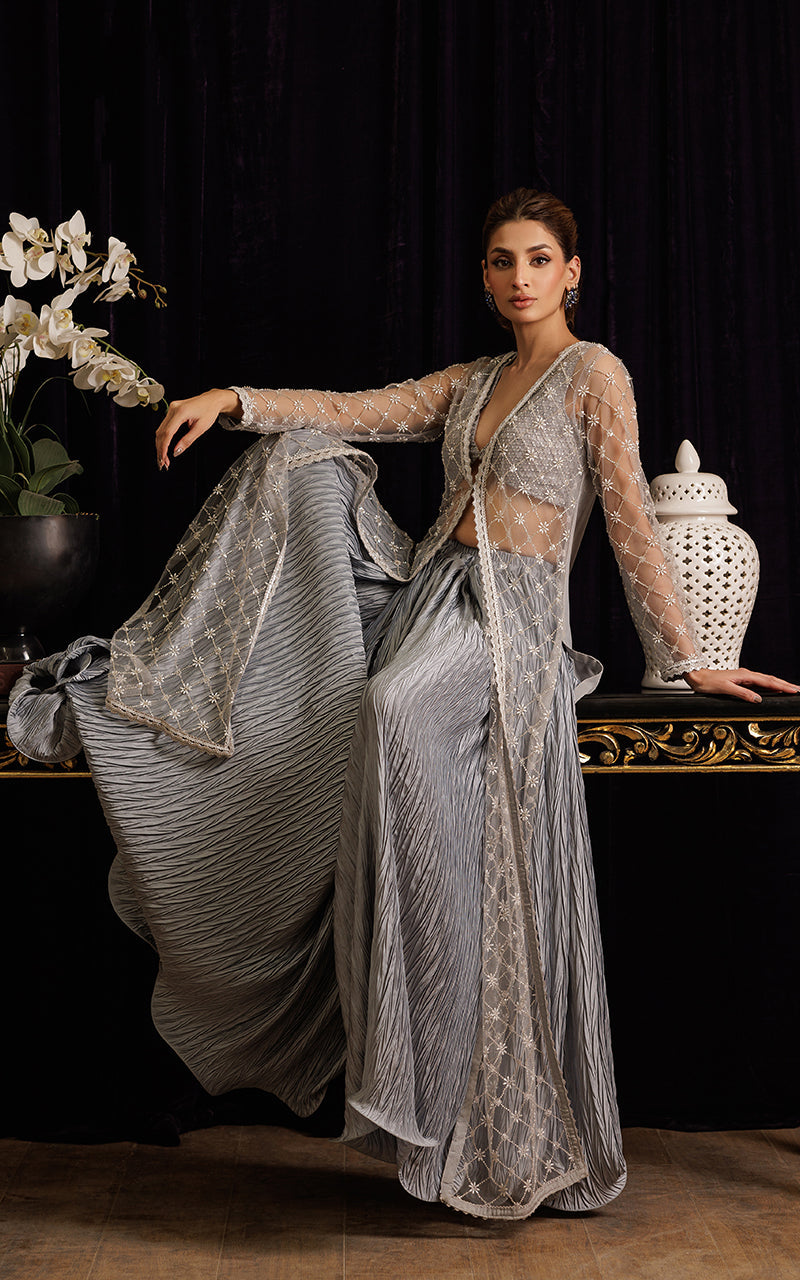 Threads and Motifs | Formal Dresses 25 | Net Embroidered Jacket with Tube and Skirt - Official Threads and Motifs stockist in UK - Sakeena London