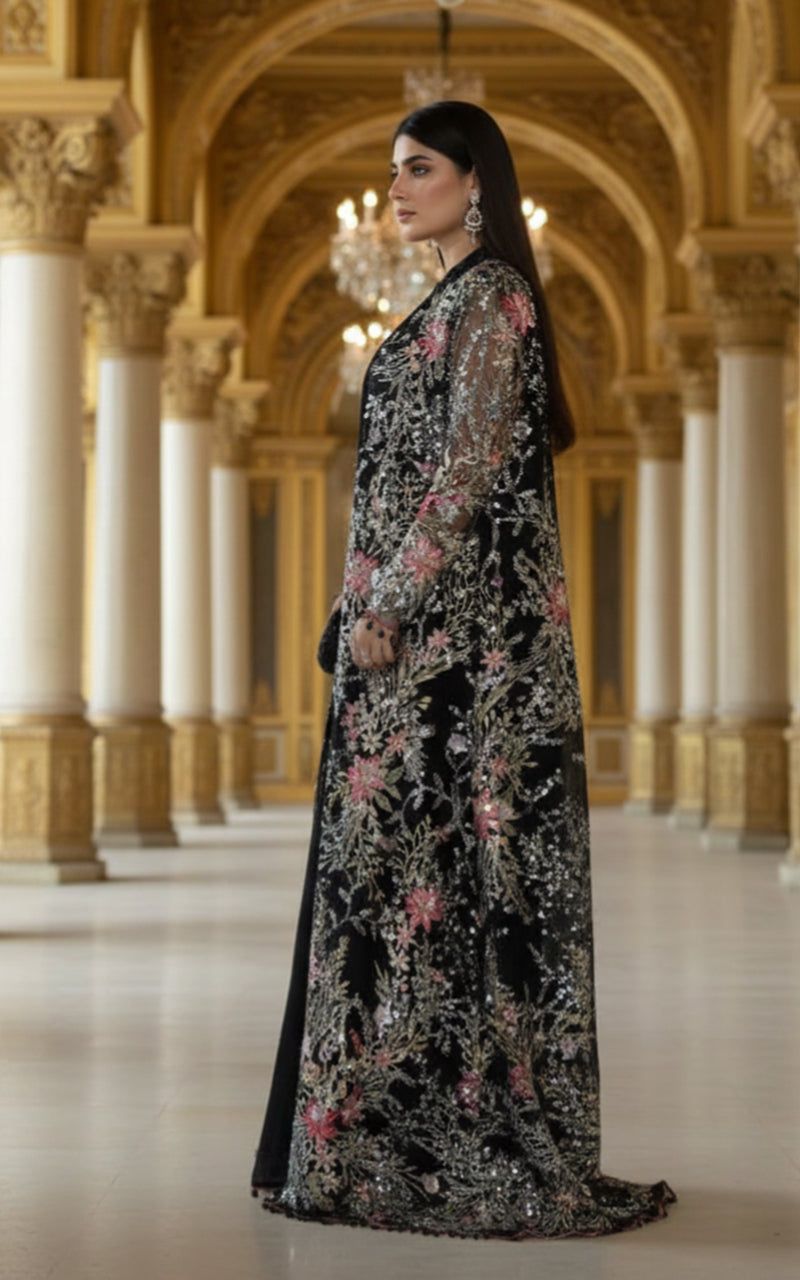 Threads and Motifs | Formal Dresses 25 | Net Embroidered Jacket With Chiffon Saree - Official Threads and Motifs stockist in UK - Sakeena London