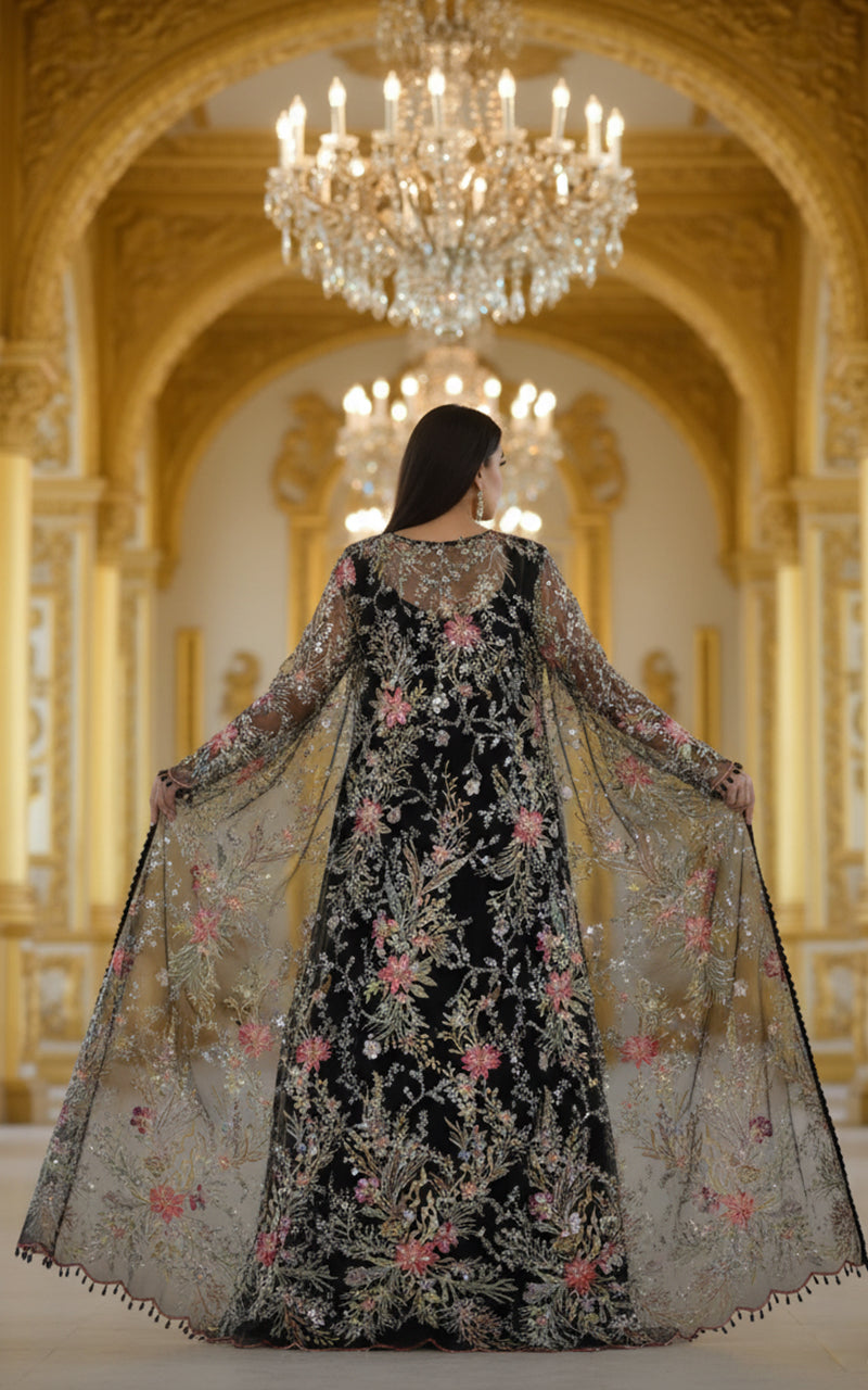 Threads and Motifs | Formal Dresses 25 | Net Embroidered Jacket With Chiffon Saree - Official Threads and Motifs stockist in UK - Sakeena London