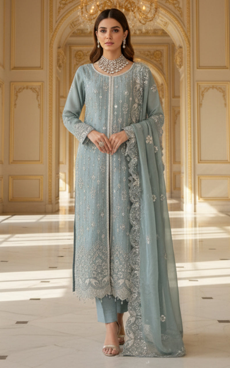 Threads and Motifs | Formal Dresses 25 | Embroidered Shirt With Trouser And Dupatta - Official Threads and Motifs stockist in UK - Sakeena London