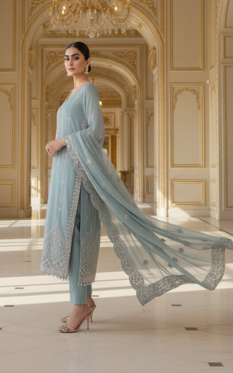 Threads and Motifs | Formal Dresses 25 | Embroidered Shirt With Trouser And Dupatta - Official Threads and Motifs stockist in UK - Sakeena London