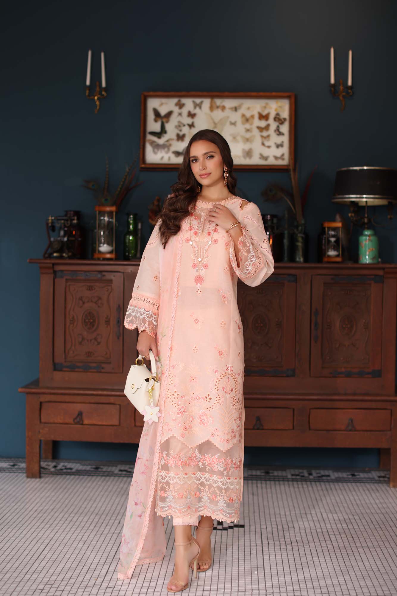 Noor by Saadia Asad | Eid Luxury Schiffli Laserkari 25 | D6- Peach - Official Noor by Saadia Asad stockist in UK - Sakeena London
