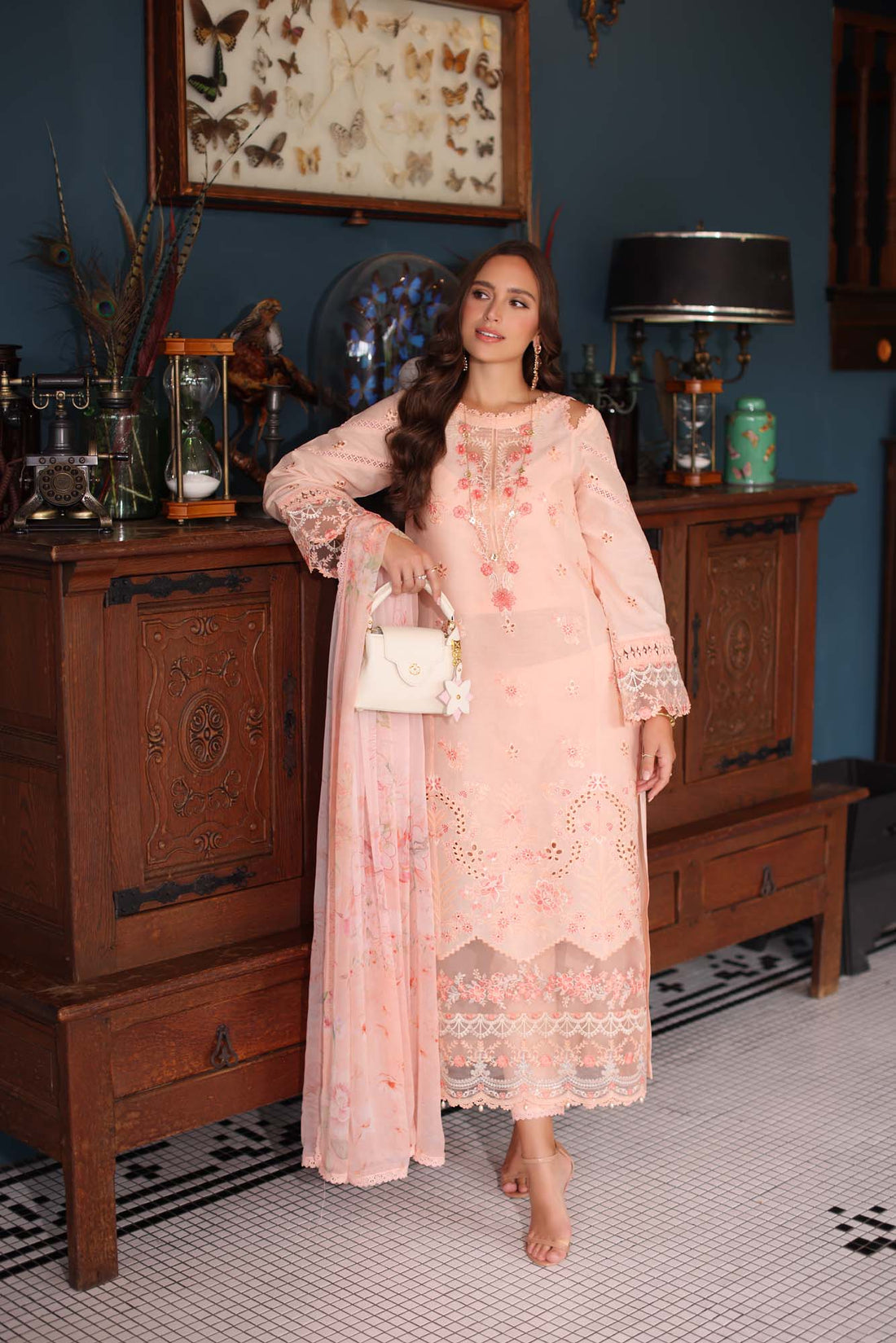 Noor by Saadia Asad | Eid Luxury Schiffli Laserkari 25 | D6- Peach - Official Noor by Saadia Asad stockist in UK - Sakeena London