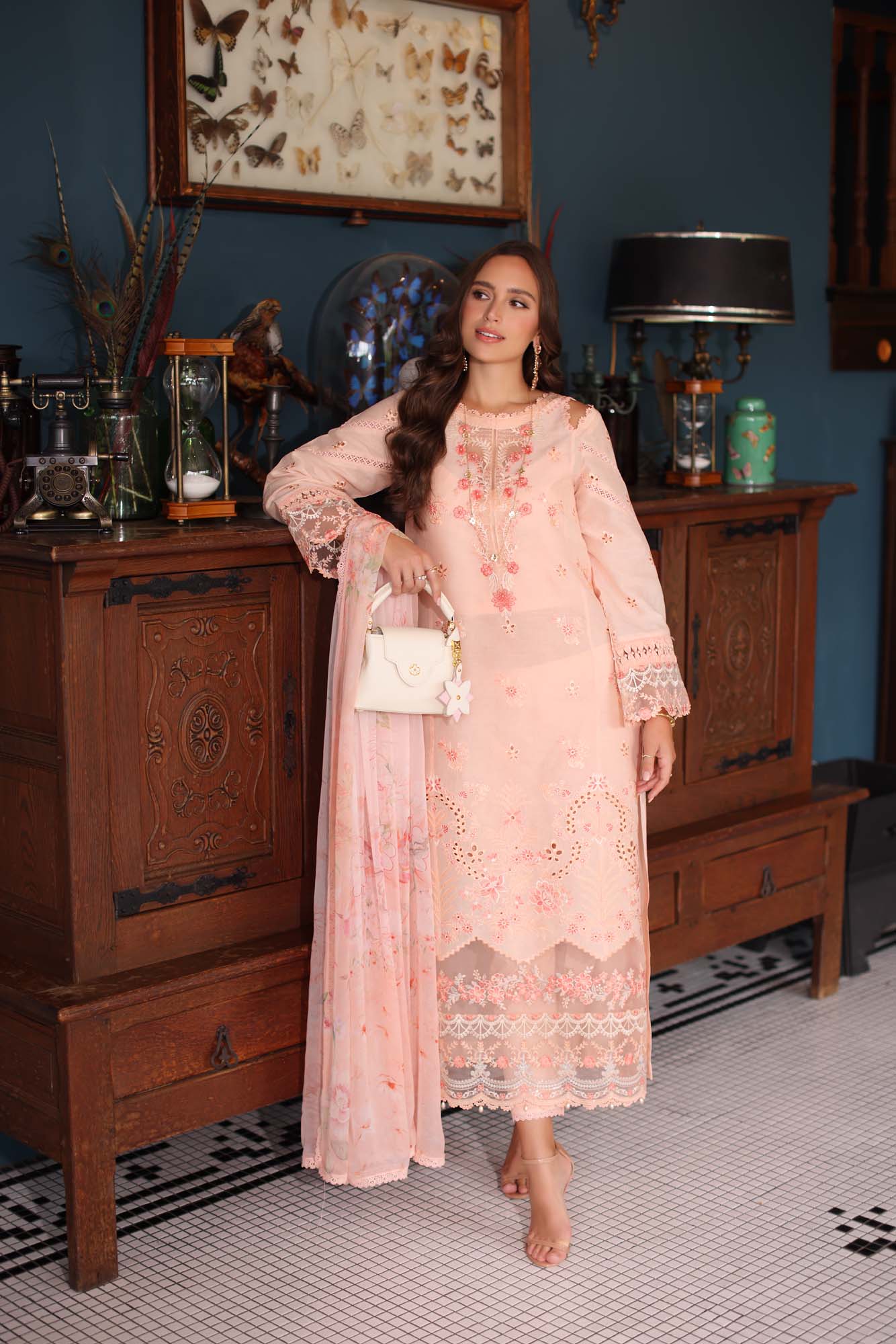 Noor by Saadia Asad | Eid Luxury Schiffli Laserkari 25 | D6- Peach - Official Noor by Saadia Asad stockist in UK - Sakeena London