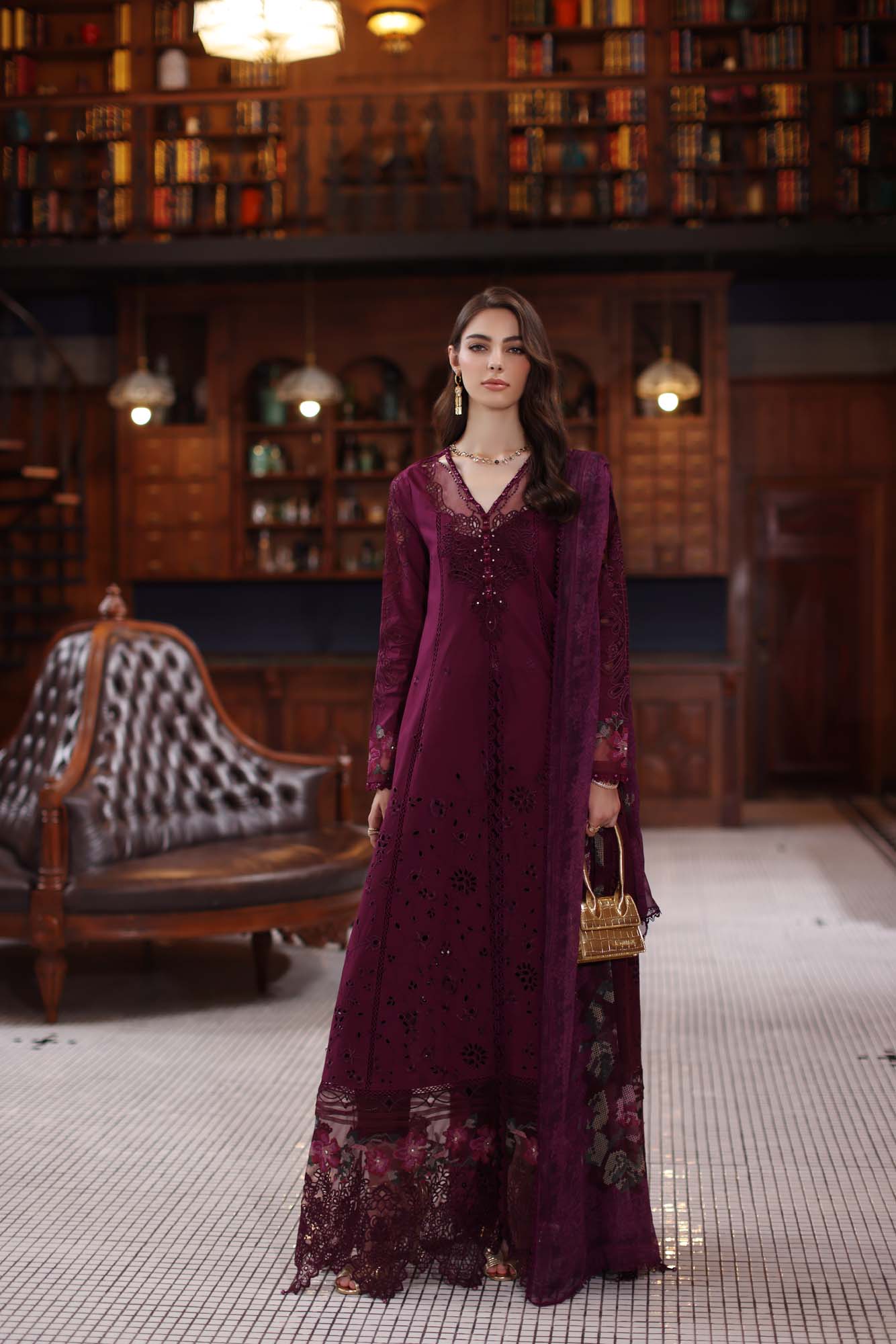 Noor by Saadia Asad | Eid Luxury Schiffli Laserkari 25 | D12- Plum - Official Noor by Saadia Asad stockist in UK - Sakeena London