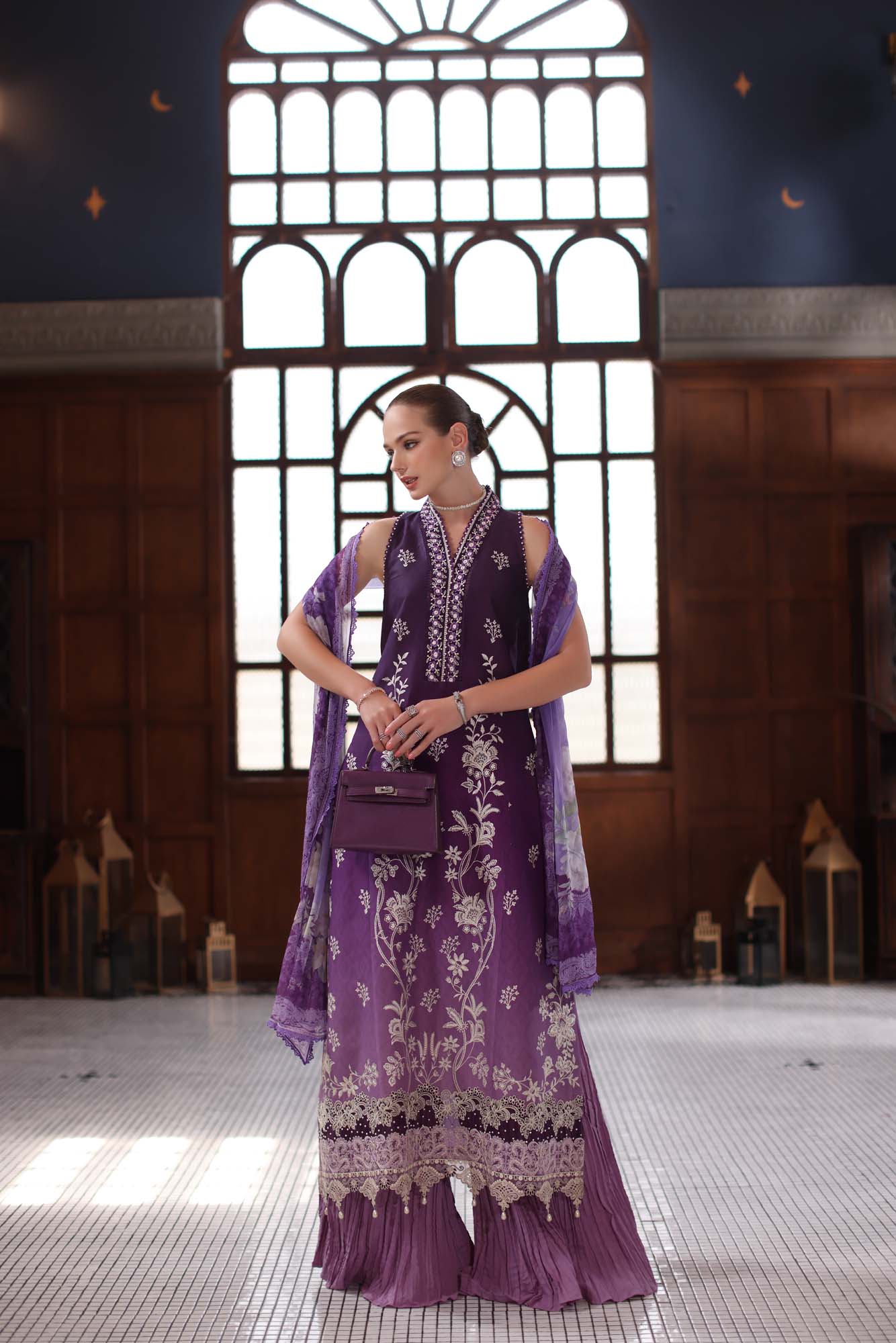 Noor by Saadia Asad | Eid Luxury Schiffli Laserkari 25 | D9- Purple - Official Noor by Saadia Asad stockist in UK - Sakeena London