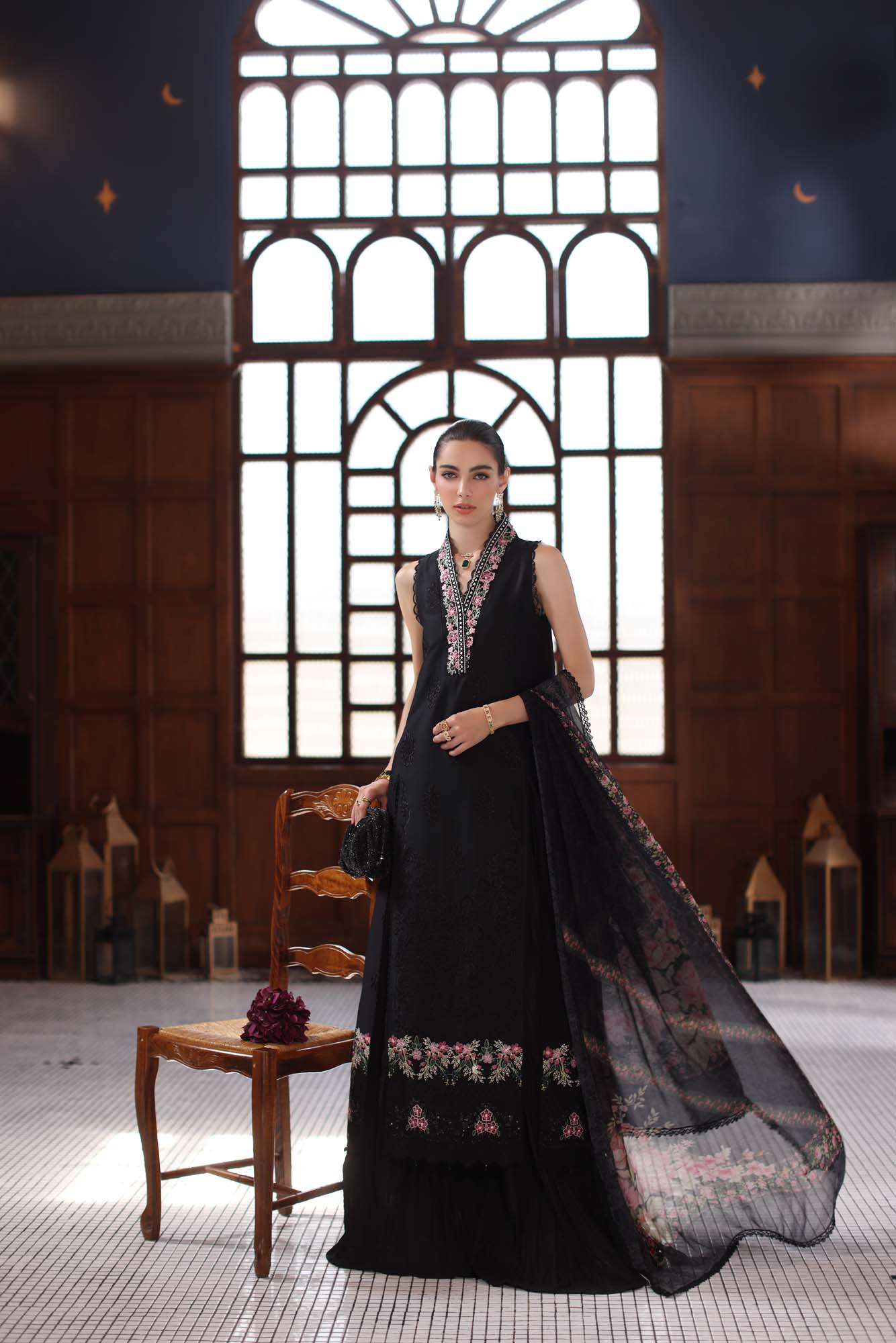 Noor by Saadia Asad | Eid Luxury Schiffli Laserkari 25 | D7- Black - Official Noor by Saadia Asad stockist in UK - Sakeena London