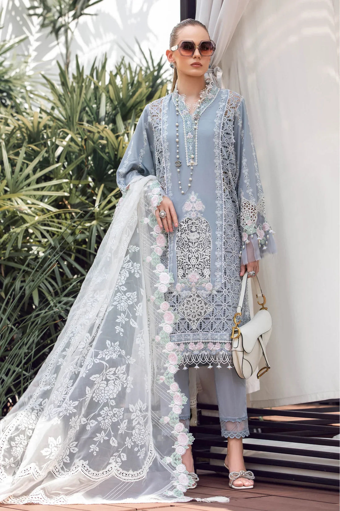 Maria B | Luxury Lawn | EL-23-10-Ice Blue - Official Maria B stockist in UK - Sakeena London