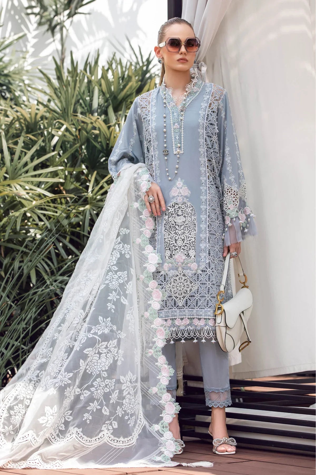 Maria B | Luxury Lawn | EL-23-10-Ice Blue - Official Maria B stockist in UK - Sakeena London