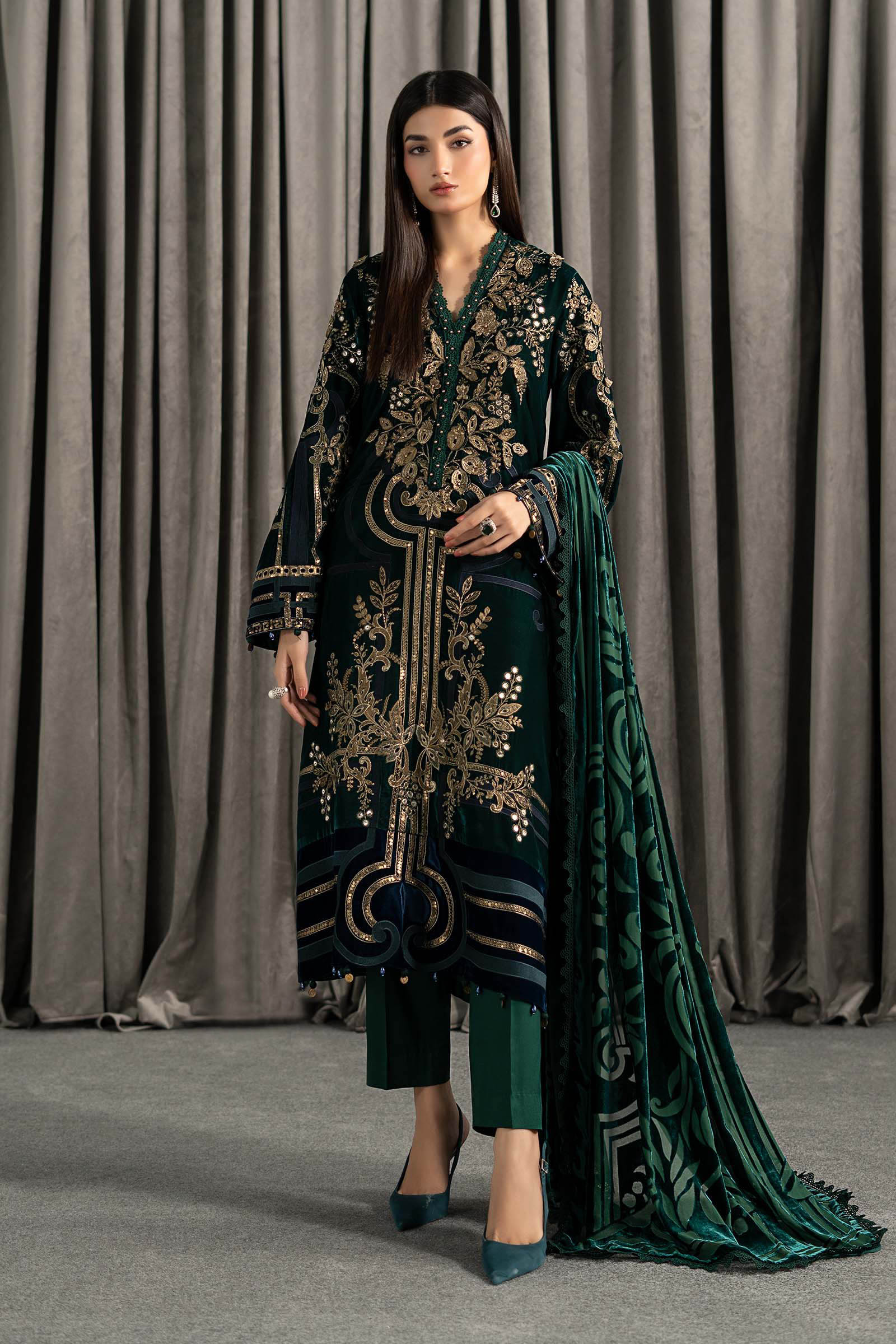 Maria B | Winter Luxe Pret 25 | WLS-1302-Emerald Green - Official Maria B stockist in UK - Sakeena London