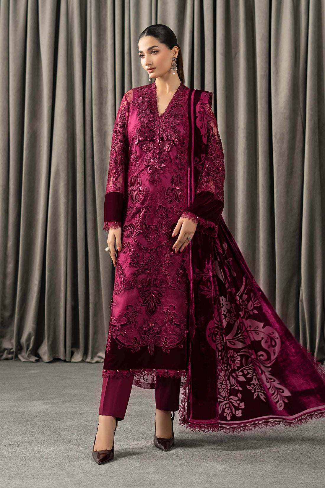 Maria B | Winter Luxe Pret 25 | WLS-1308-Maroon - Official Maria B stockist in UK - Sakeena London