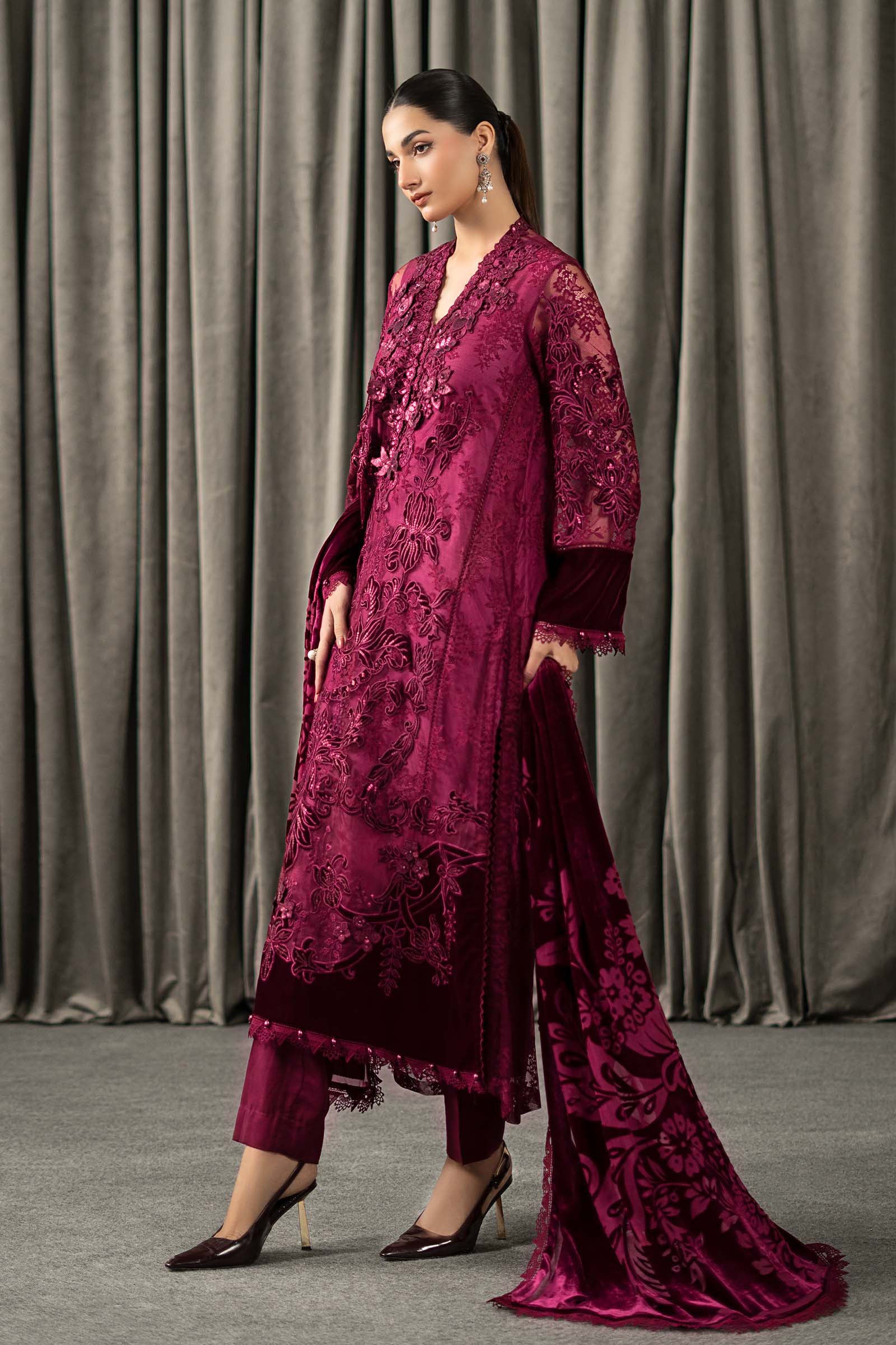 Maria B | Winter Luxe Pret 25 | WLS-1308-Maroon - Official Maria B stockist in UK - Sakeena London