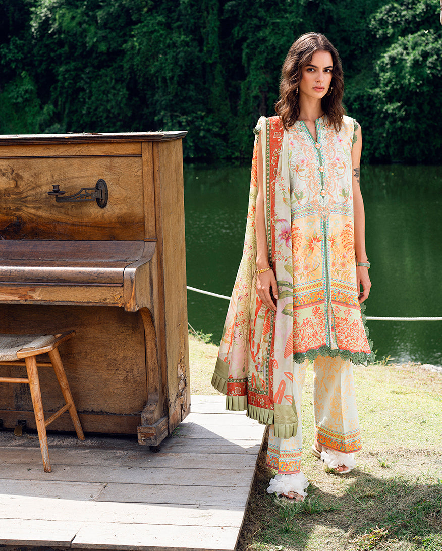 Roheenaz | Garden Veal Printed Lawn 25 | Gold Riddle - Official Roheenaz stockist in UK - Sakeena London
