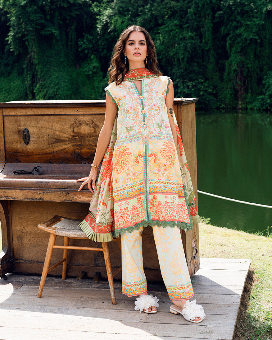 Roheenaz | Garden Veal Printed Lawn 25 | Gold Riddle - Official Roheenaz stockist in UK - Sakeena London
