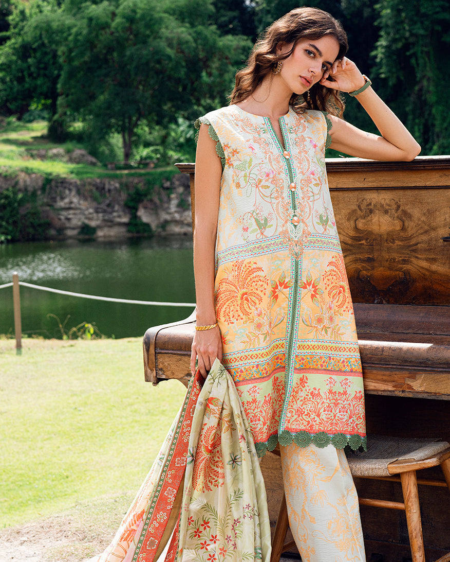 Roheenaz | Garden Veal Printed Lawn 25 | Gold Riddle - Official Roheenaz stockist in UK - Sakeena London