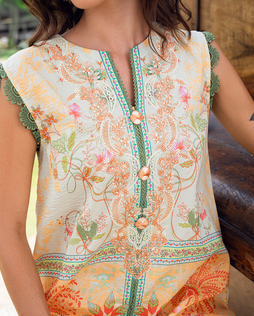 Roheenaz | Garden Veal Printed Lawn 25 | Gold Riddle - Official Roheenaz stockist in UK - Sakeena London