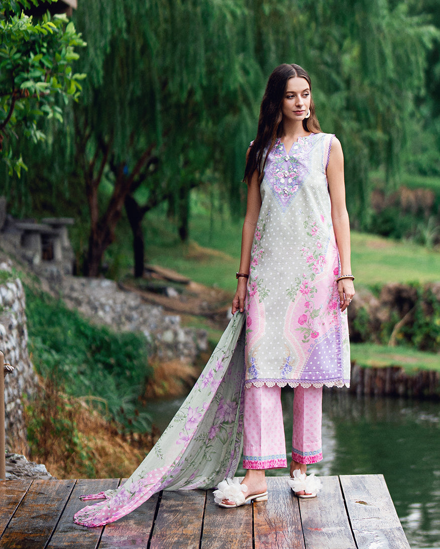Roheenaz | Garden Veal Printed Lawn 25 | Tulip Sugar - Official Roheenaz stockist in UK - Sakeena London