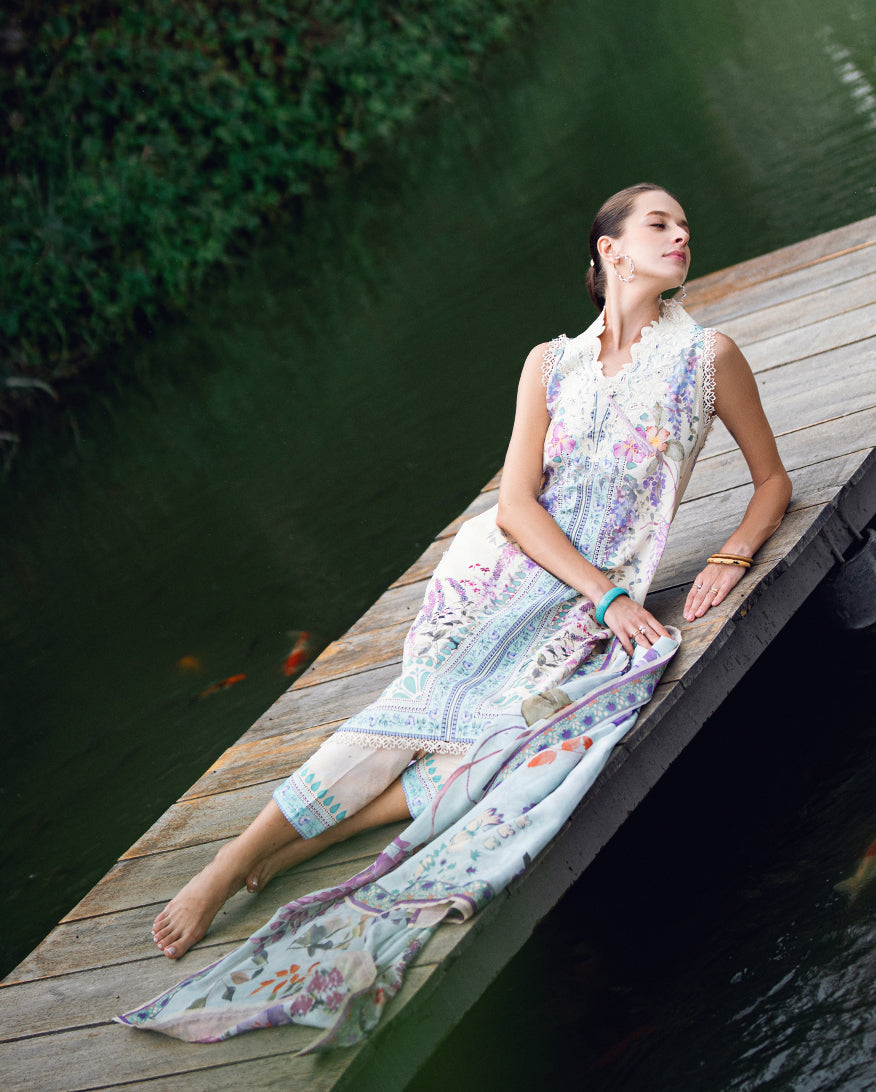 Roheenaz | Garden Veal Printed Lawn 25 | Bloom Glimmer - Official Roheenaz stockist in UK - Sakeena London