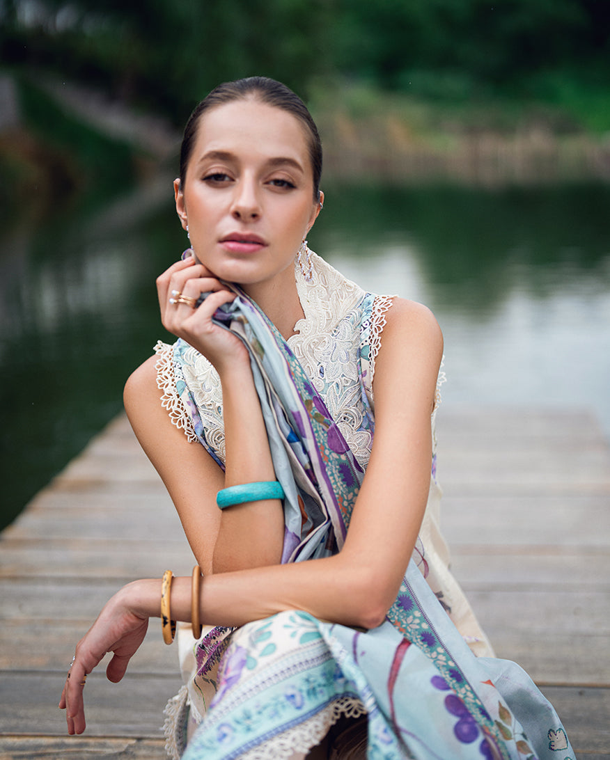 Roheenaz | Garden Veal Printed Lawn 25 | Bloom Glimmer - Official Roheenaz stockist in UK - Sakeena London