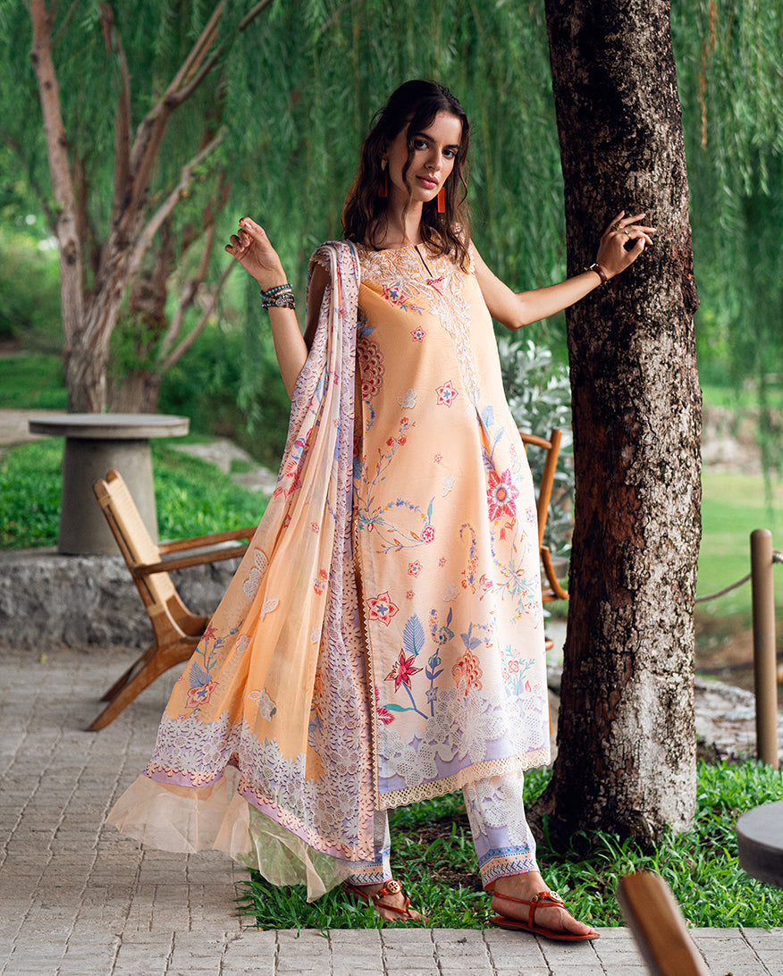 Roheenaz | Garden Veal Printed Lawn 25 | Coral Whim - Official Roheenaz stockist in UK - Sakeena London