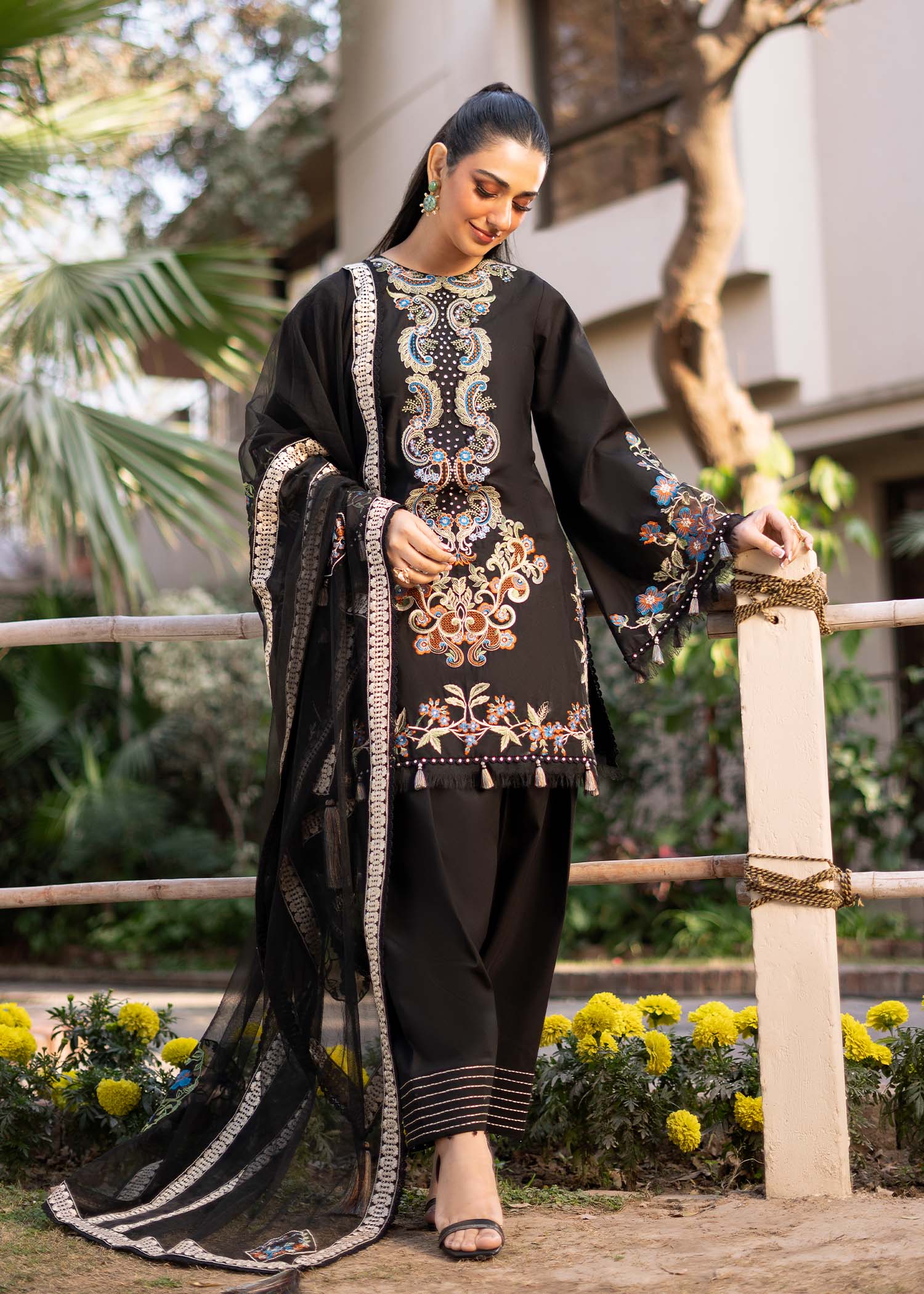 Fozia Khalid | Blossom Festive Lawn 25 | Black viola - Official Fozia Khalid stockist in UK - Sakeena London