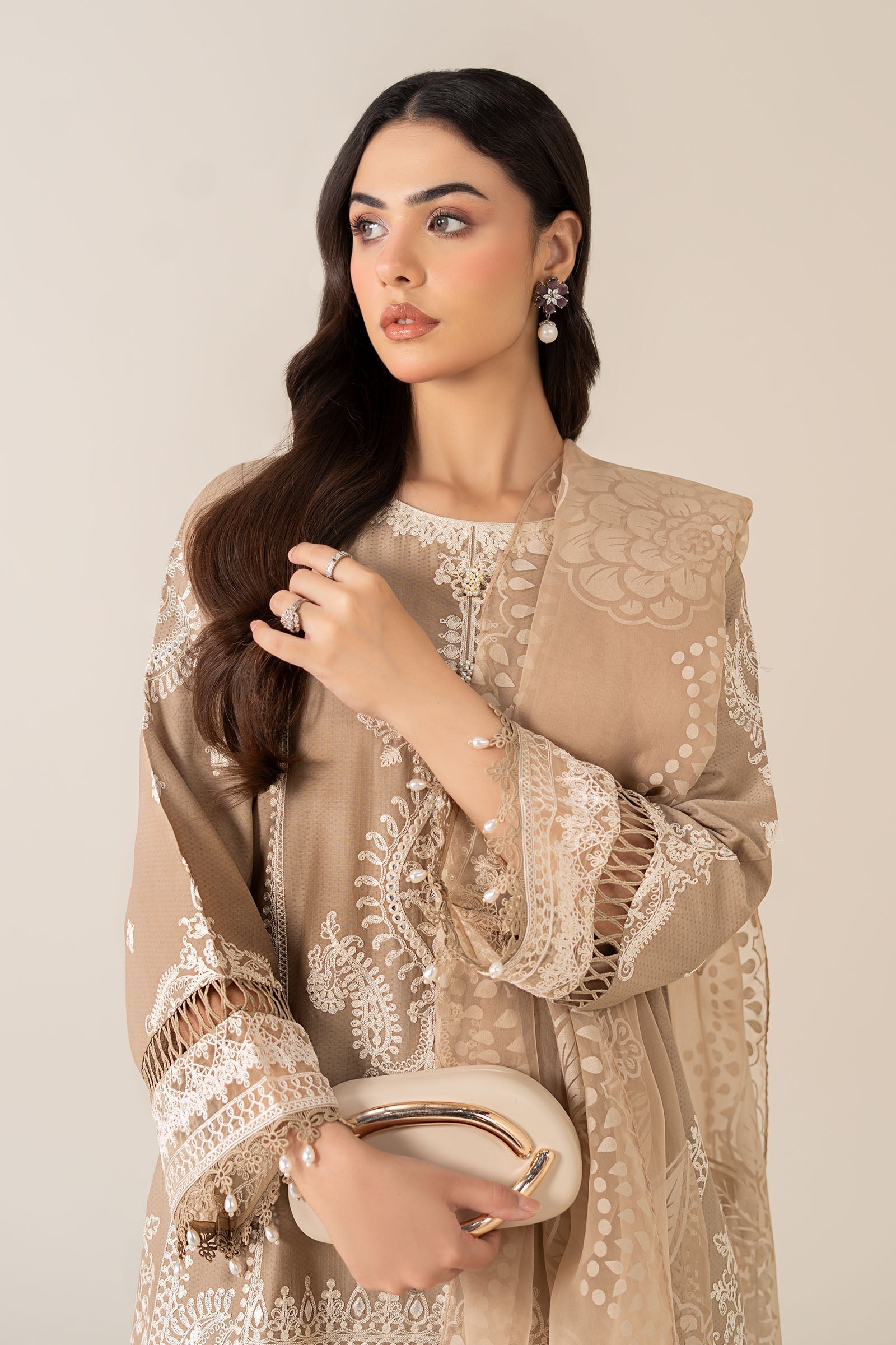 Maria B | Pre Fall Dresses | 3 Piece Embroidered Suit Coffee - Official Maria B stockist in UK - Sakeena London
