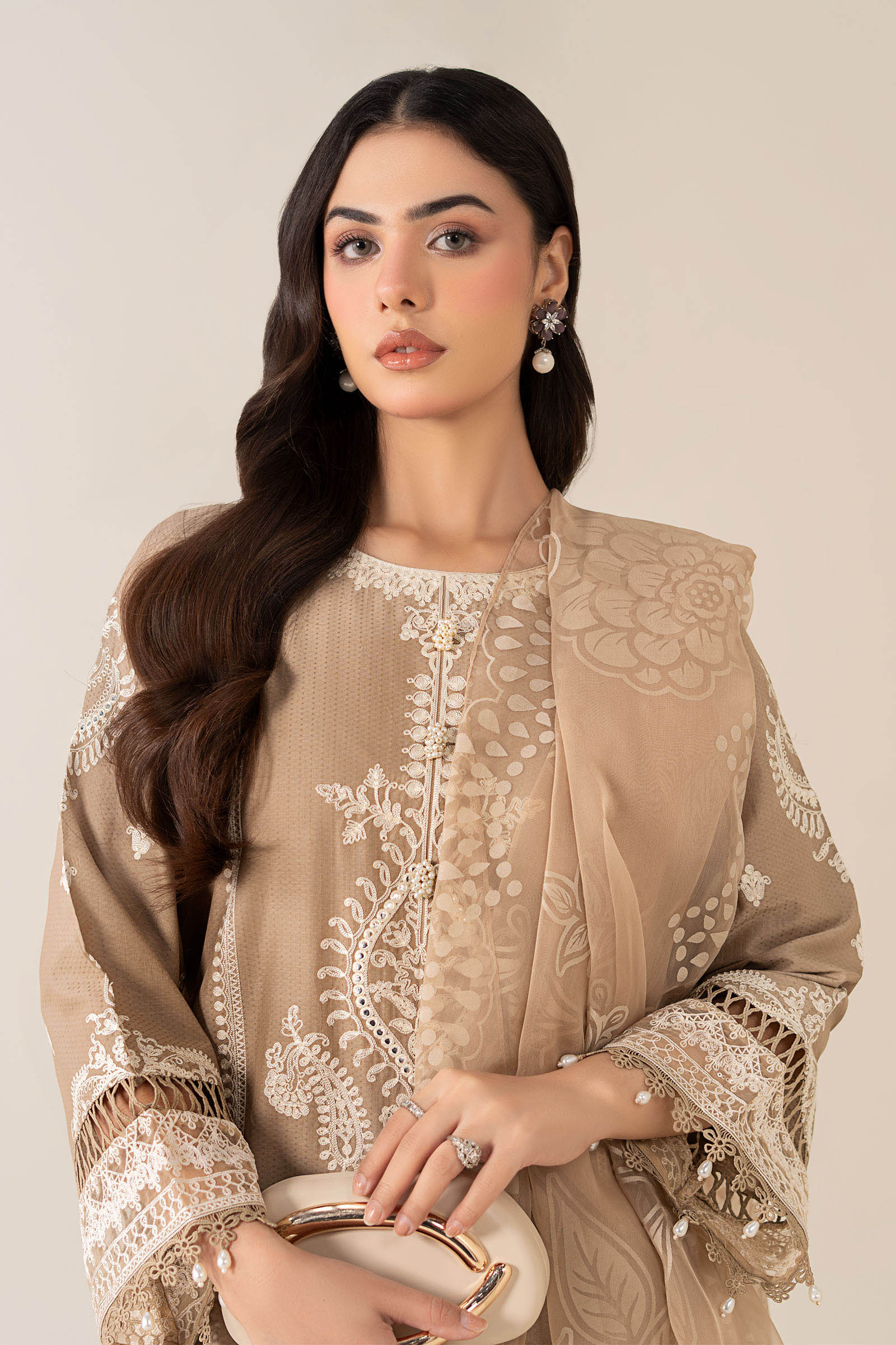 Maria B | Pre Fall Dresses | 3 Piece Embroidered Suit Coffee - Official Maria B stockist in UK - Sakeena London