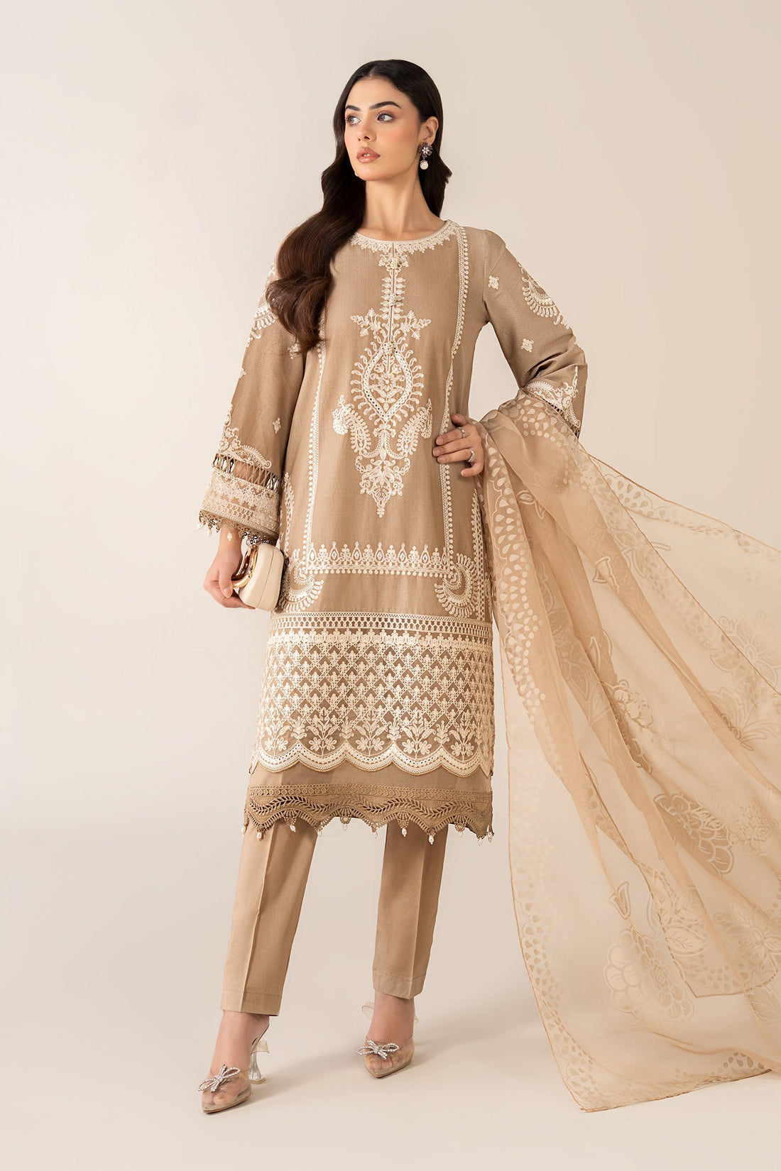 Maria B | Pre Fall Dresses | 3 Piece Embroidered Suit Coffee - Official Maria B stockist in UK - Sakeena London