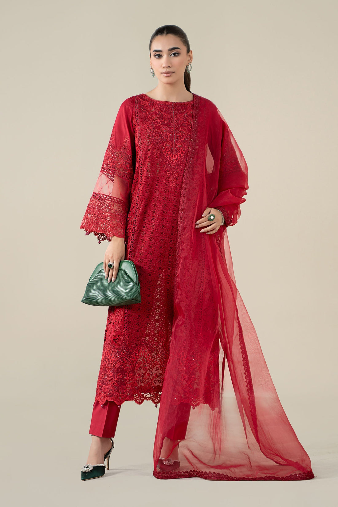 Maria B | Pre Fall Dresses | 3 Piece Embroidered Lawn Suit Red - Official Maria B stockist in UK - Sakeena London