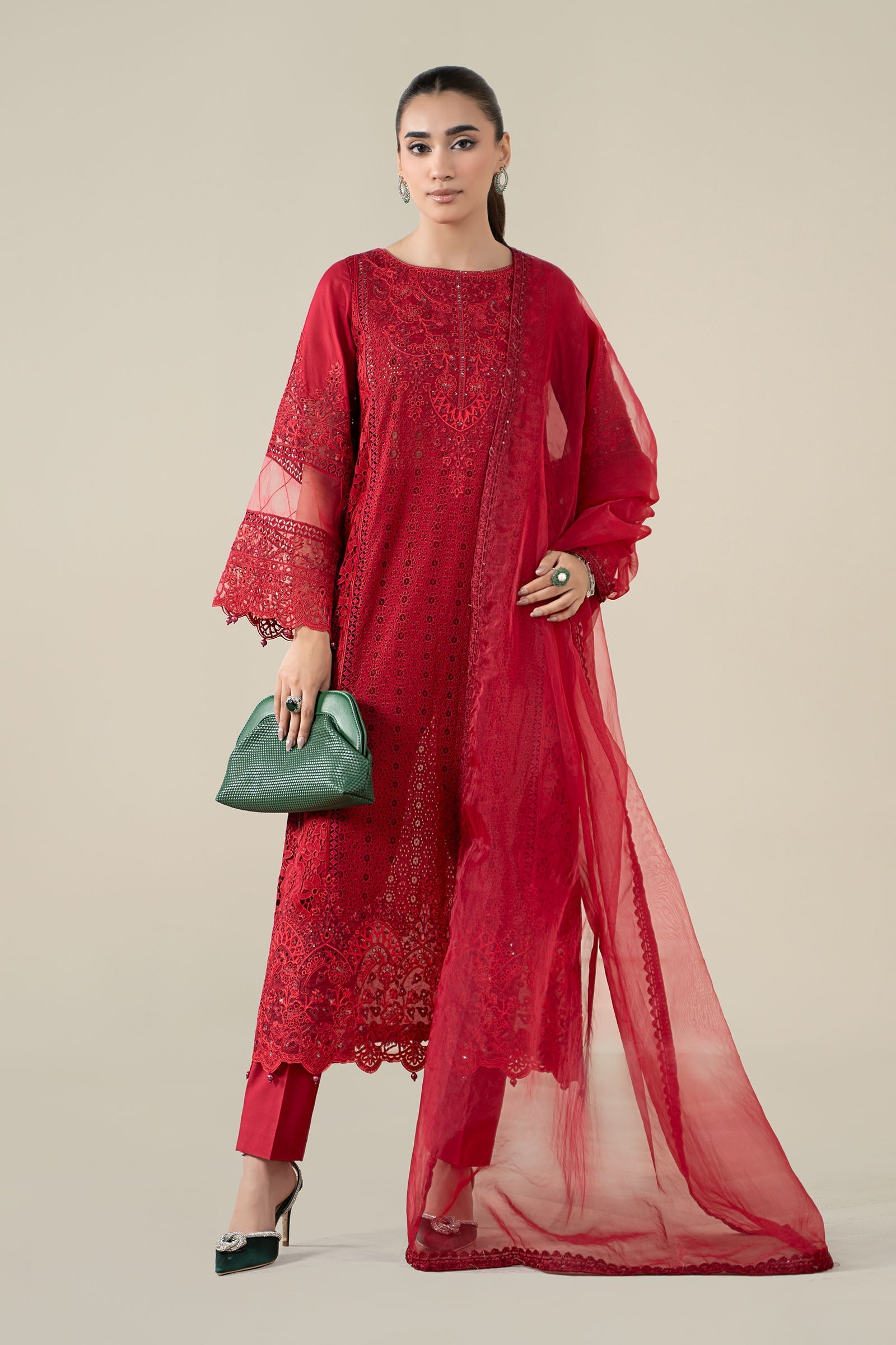 Maria B | Pre Fall Dresses | 3 Piece Embroidered Lawn Suit Red - Official Maria B stockist in UK - Sakeena London