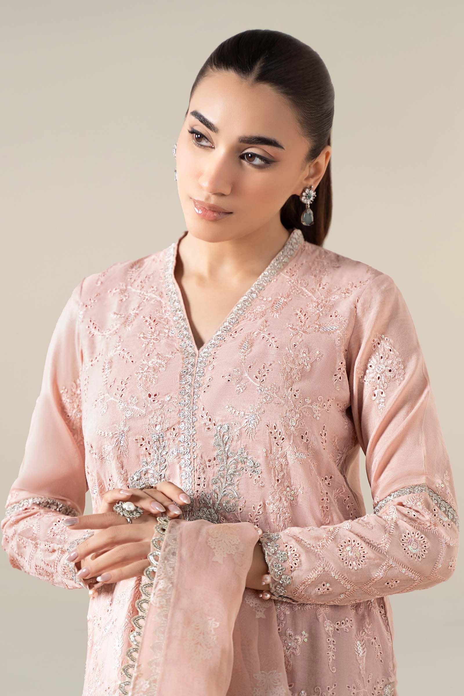 Maria B | Pre Fall Dresses | 3 Piece Embroidered Paper Cotton Suit Pink - Official Maria B stockist in UK - Sakeena London