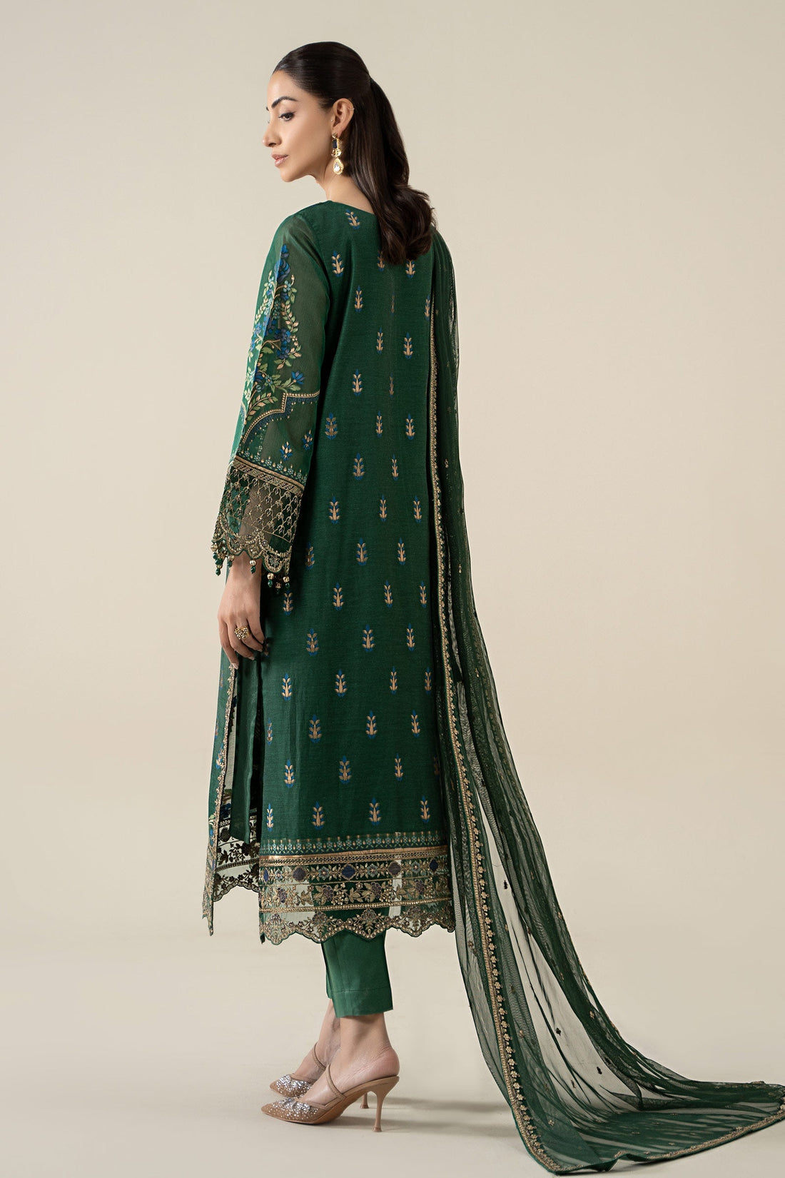 Maria B | Pre Fall Dresses | 3 Piece Embroidered Jacquard Suit Dark Teal Green - Official Maria B stockist in UK - Sakeena London