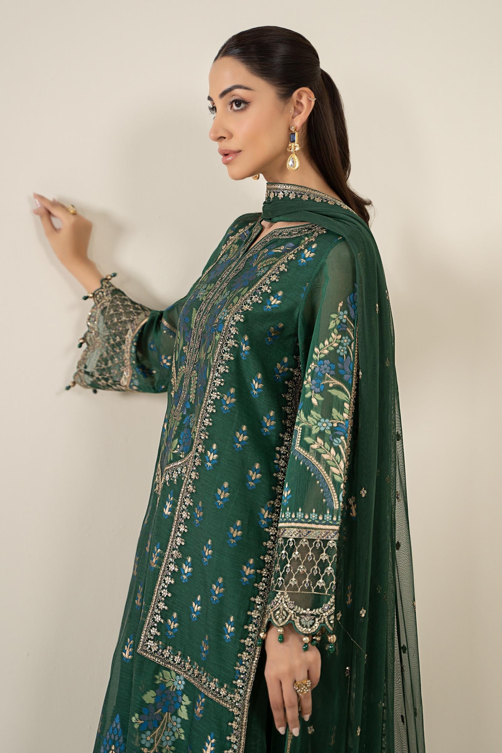 Maria B | Pre Fall Dresses | 3 Piece Embroidered Jacquard Suit Dark Teal Green - Official Maria B stockist in UK - Sakeena London