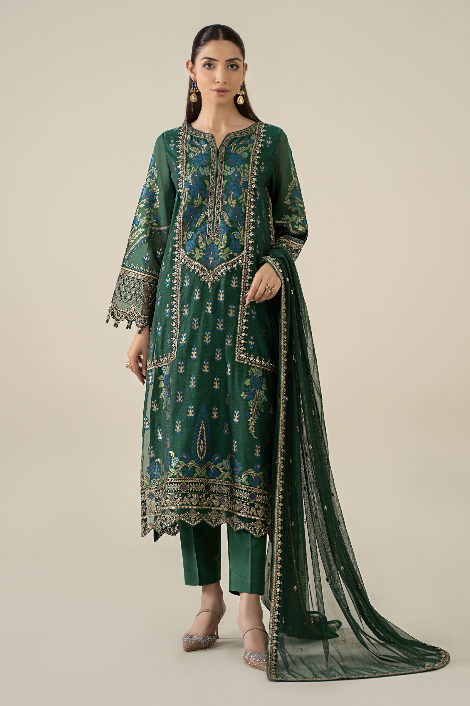 Maria B | Pre Fall Dresses | 3 Piece Embroidered Jacquard Suit Dark Teal Green - Official Maria B stockist in UK - Sakeena London
