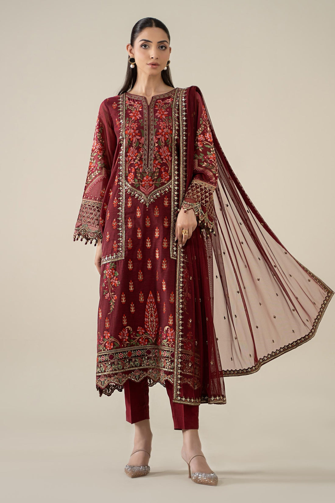 Maria B | Pre Fall Dresses | 3 Piece Embroidered Jacquard Suit Red - Official Maria B stockist in UK - Sakeena London