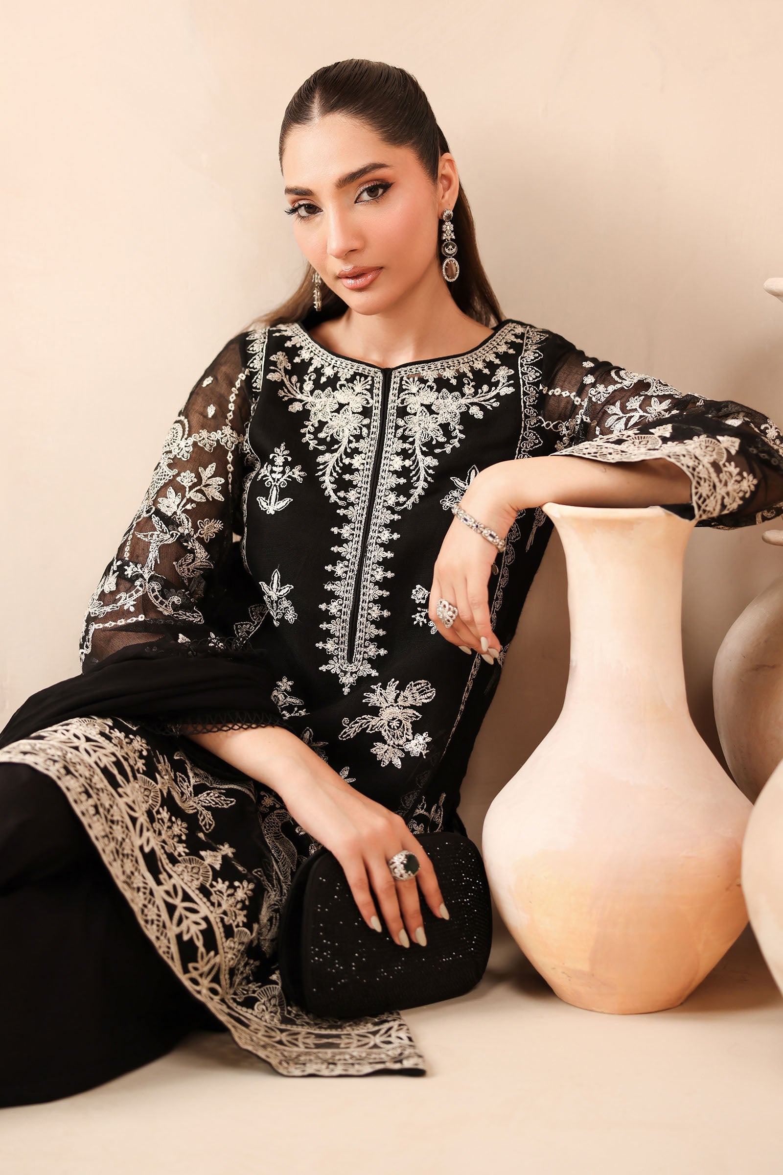 Maria B | Pre Fall Dresses | 3 Piece Embroidered Cotton Net Suit Black - Official Maria B stockist in UK - Sakeena London