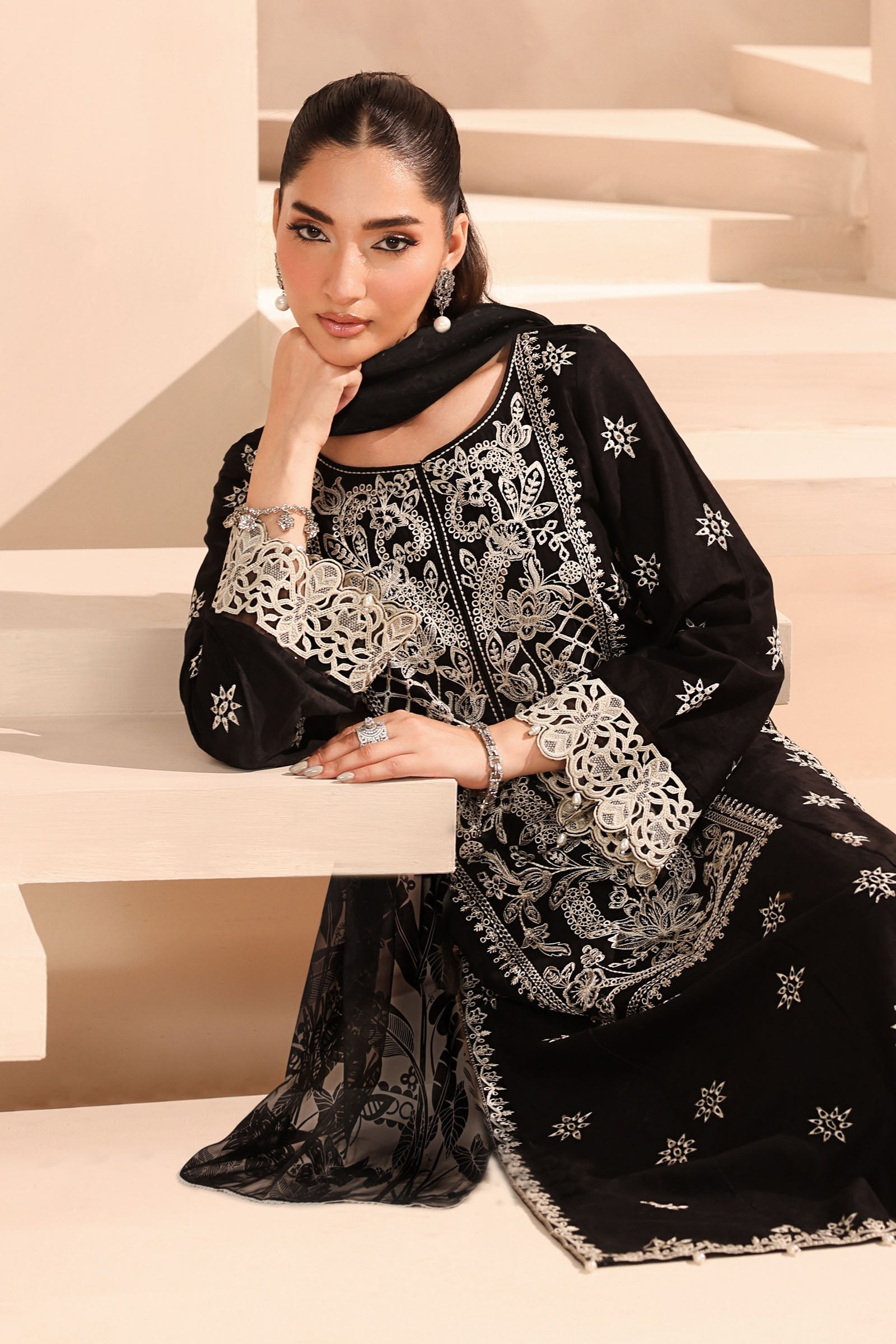 Maria B | Pre Fall Dresses | 3 Piece Embroidered Dobby Suit Black - Official Maria B stockist in UK - Sakeena London