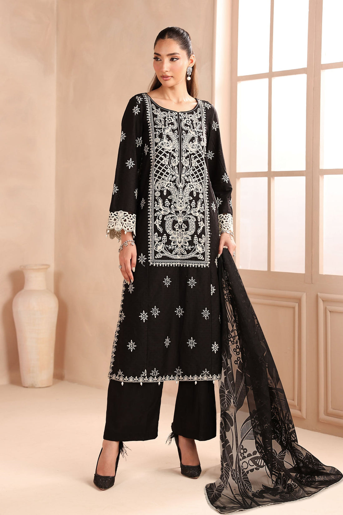 Maria B | Pre Fall Dresses | 3 Piece Embroidered Dobby Suit Black - Official Maria B stockist in UK - Sakeena London