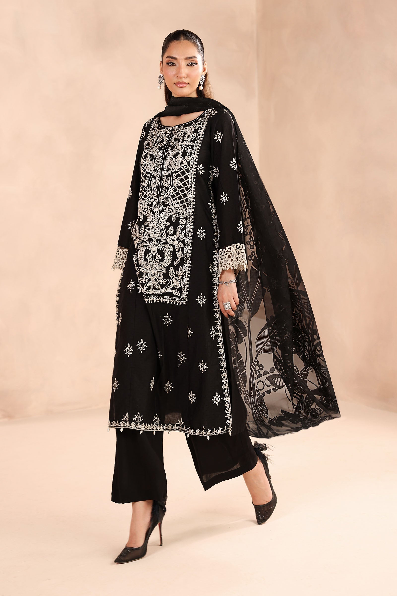Maria B | Pre Fall Dresses | 3 Piece Embroidered Dobby Suit Black - Official Maria B stockist in UK - Sakeena London