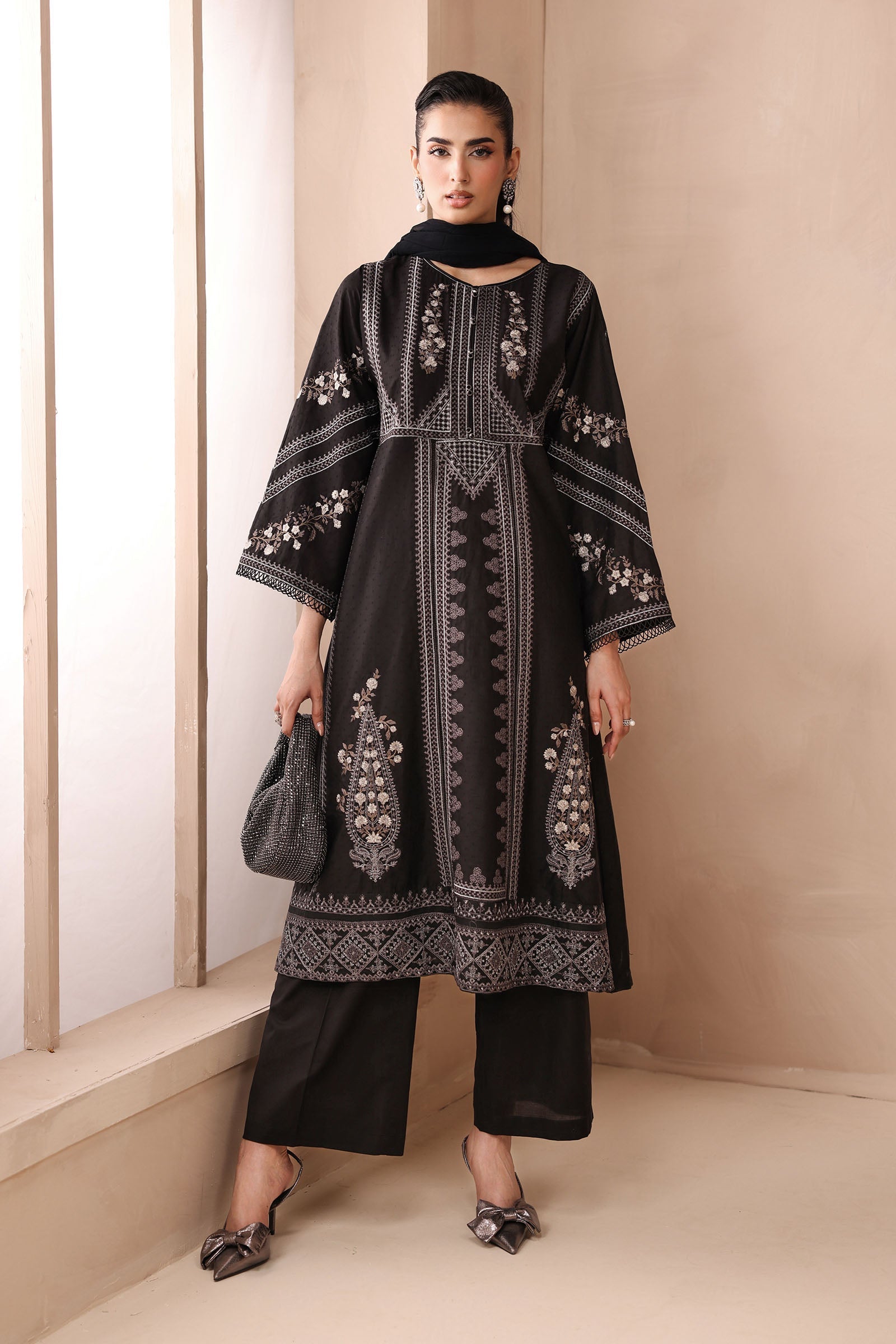 Maria B | Pre Fall Dresses | 3 Piece Embroidered Dobby Suit Black2 - Official Maria B stockist in UK - Sakeena London